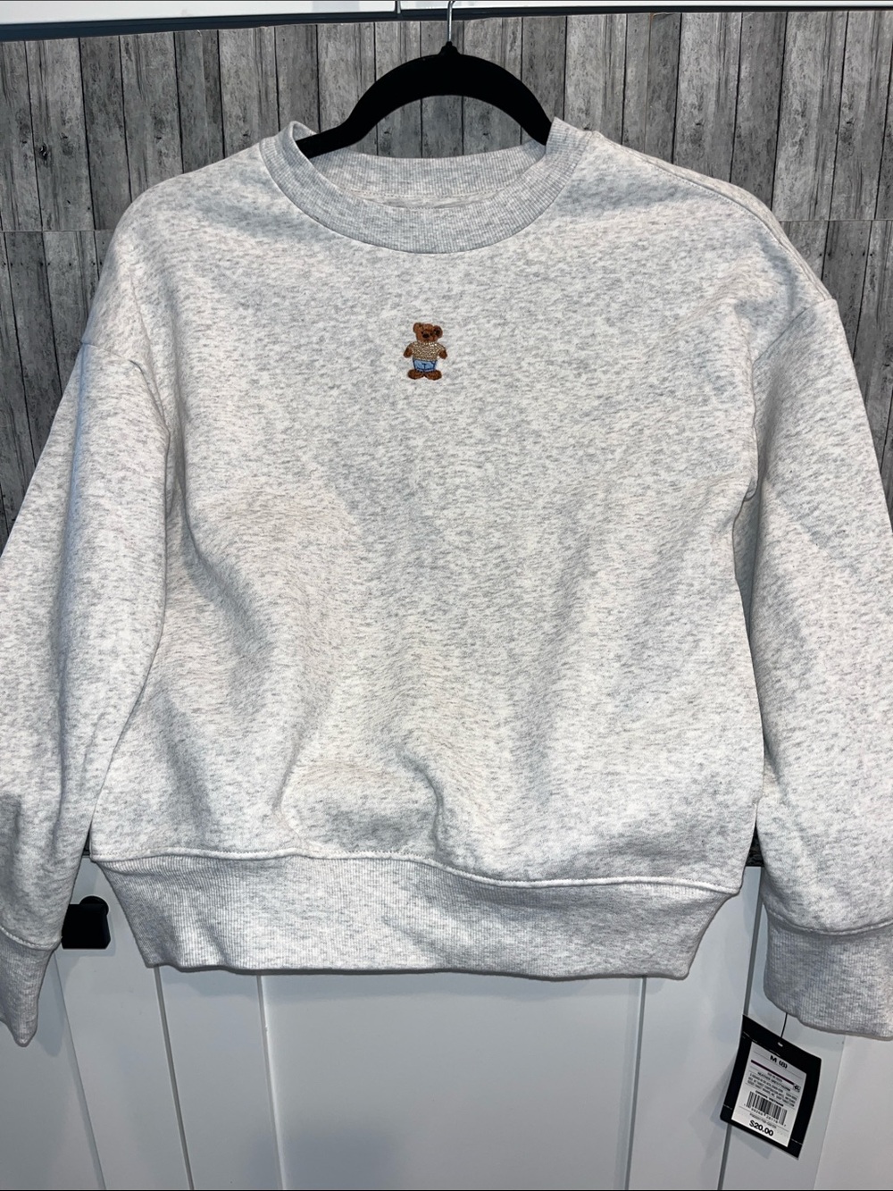 Light Gray Crewneck Sweater with Embroidered Bear